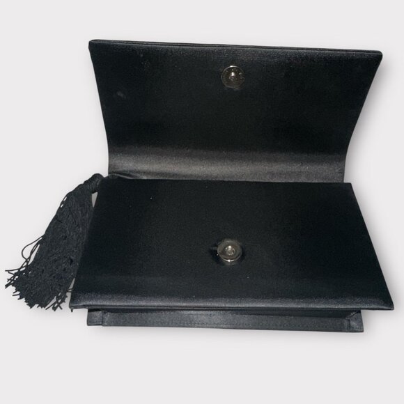 VTG La Regale Evening Bag Black Satin Flap Tassel Handbag Formal Cocktail Clutch - Picture 6 of 8